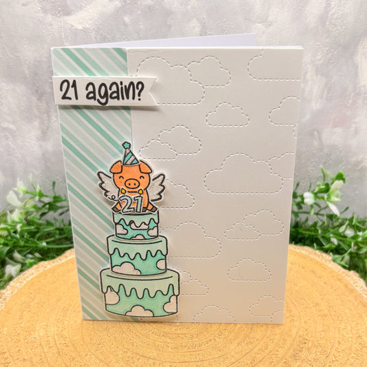 21 Again Flying Pig Joke Handmade Birthday Card-1