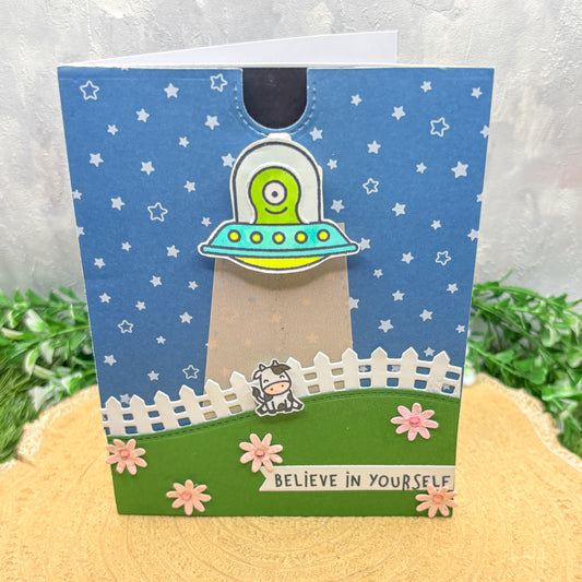 Space Invasion Cow Believe In Yourself Handmade Card