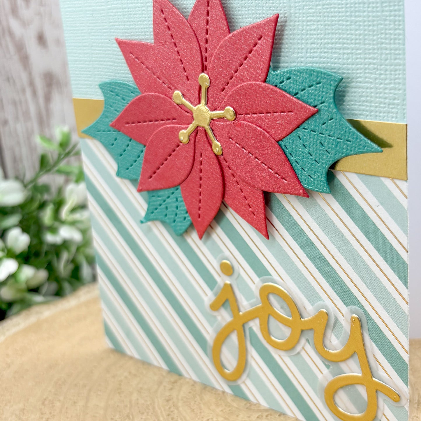 Red Poinsettia & Teal Handmade Christmas Card