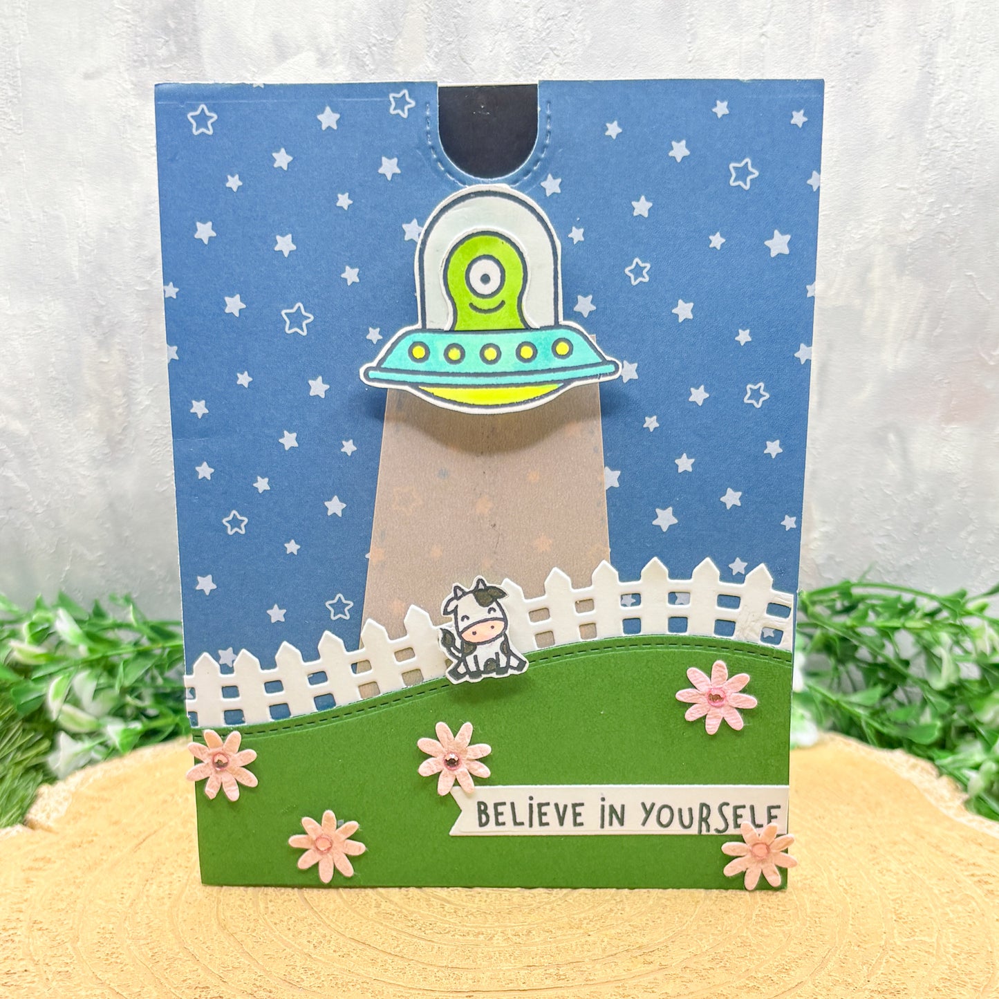 Space Invasion Cow Believe In Yourself Handmade Card