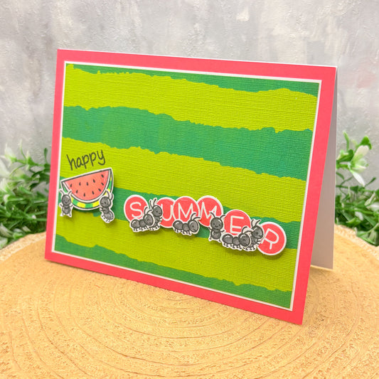 Card with 'Happy Summer' text and watermelon design on a green background