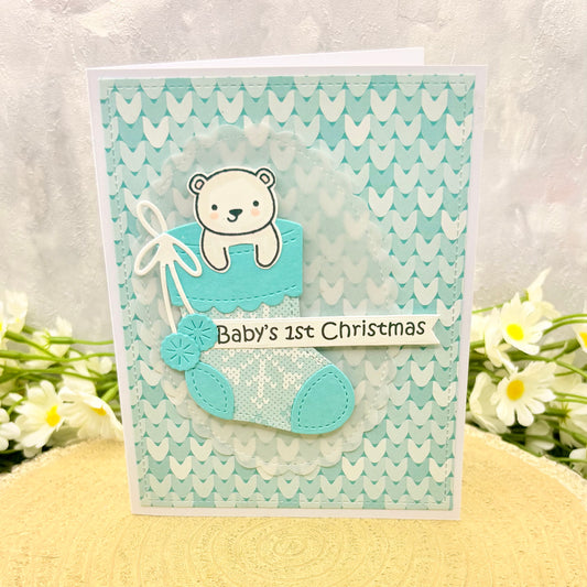 Bear in Stocking Baby Boy's 1st Handmade Christmas Card-1