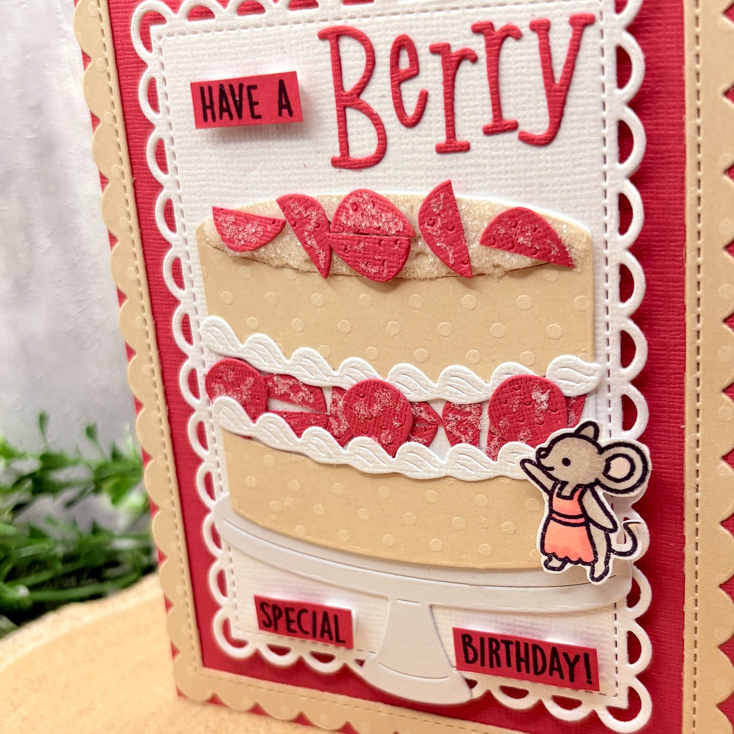 Handmade birthday card with cake design and 'Have a Berry Special Birthday!' text.