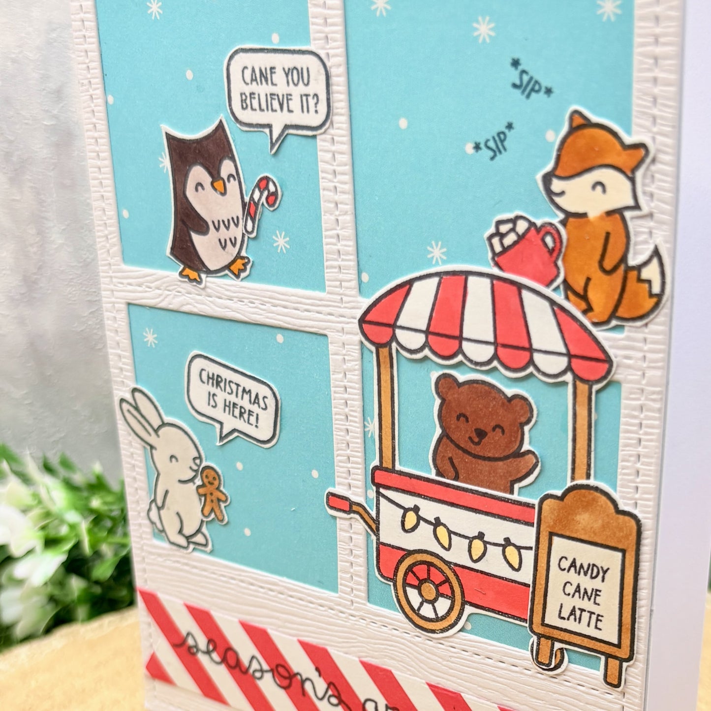 Candy Cane Cart Critters Handmade Christmas Card-2