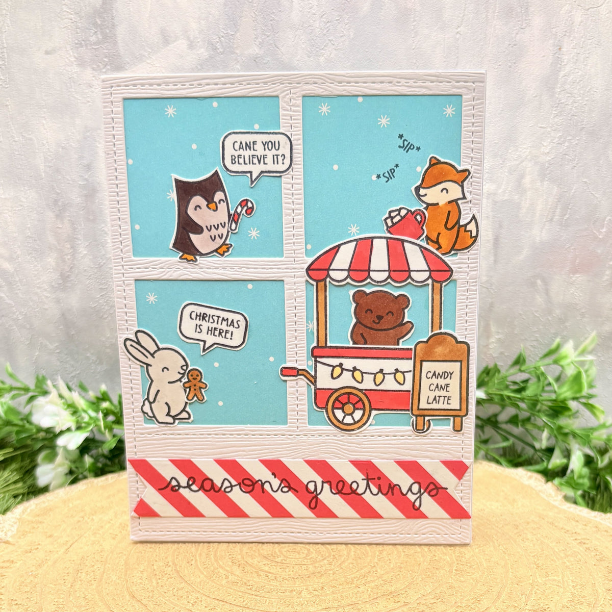 Candy Cane Cart Critters Handmade Christmas Card