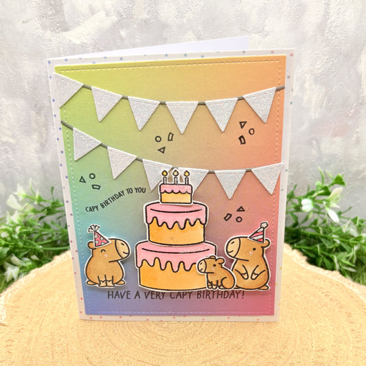 Capybara Trio & Cake Handmade Birthday Card-1