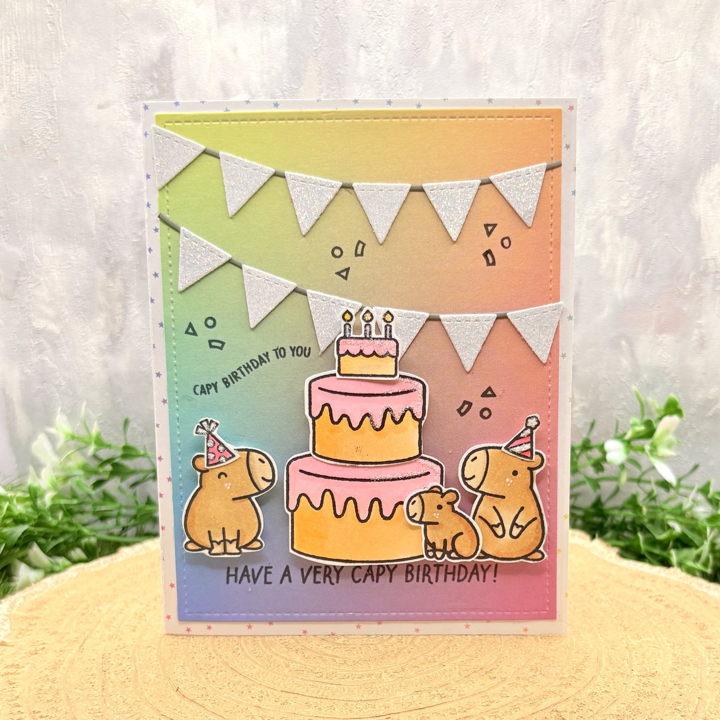 Capybara Trio & Cake Handmade Birthday Card