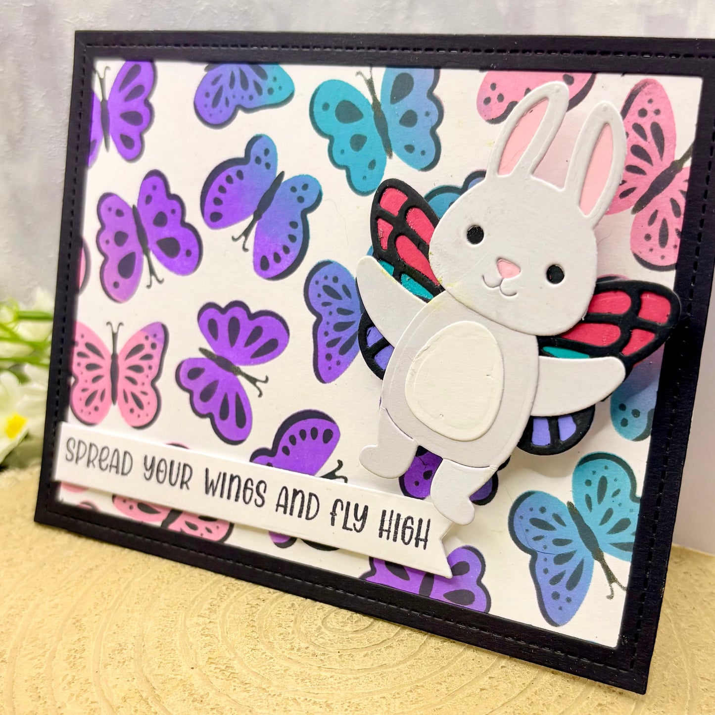 Colourful Butterflies & Bunny Handmade Card-2