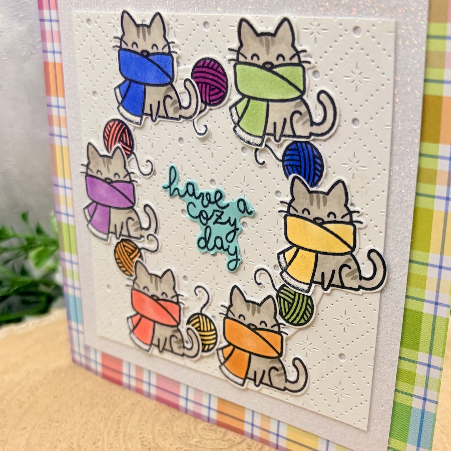Colourful Cat Scarves Have A Cozy Day Handmade Card-2