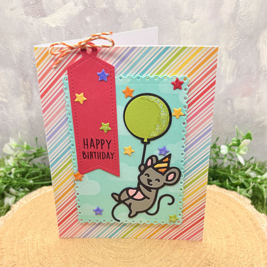 Colourful Mouse Holding Balloon Handmade Birthday Card-1
