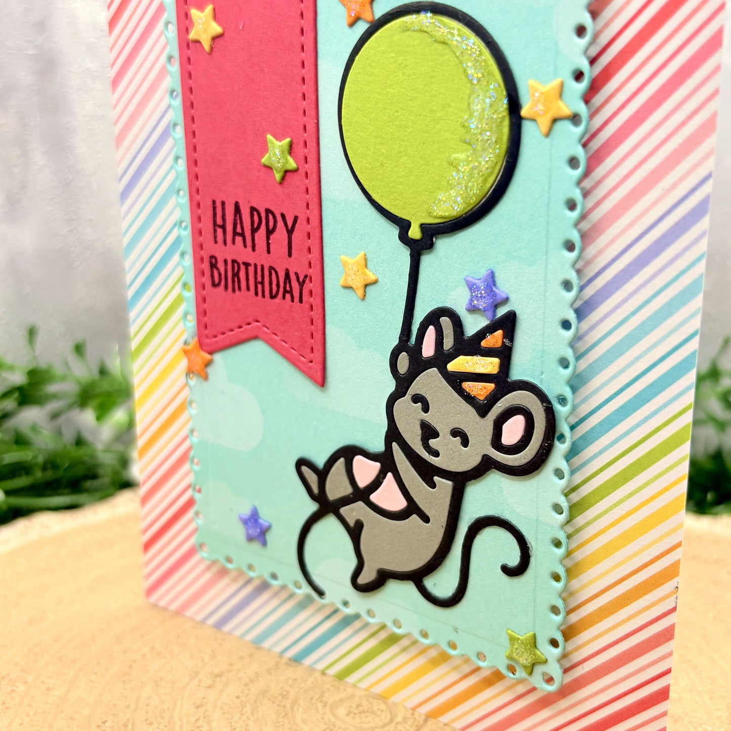 Colourful Mouse Holding Balloon Handmade Birthday Card-2