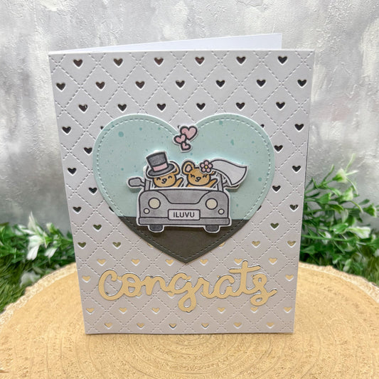 Congrats Cute Mice In Car Handmade Wedding Card-1
