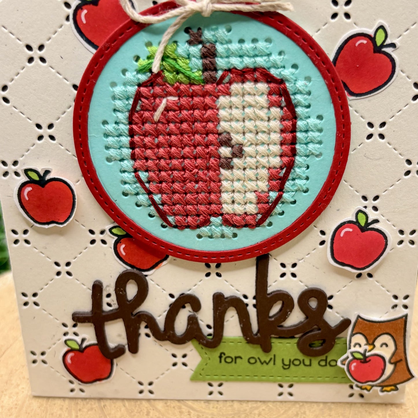 Cross Stitched Apple & Owl Handmade Thank You Card-2