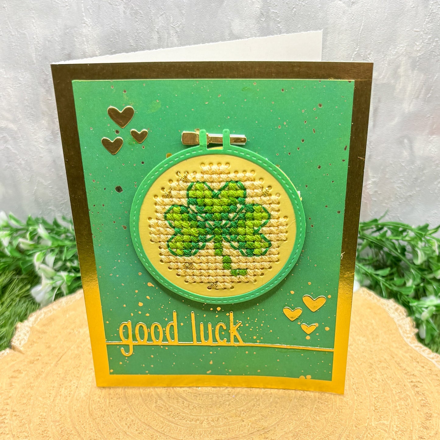 Cross Stitched Green Clover Handmade Good Luck Card