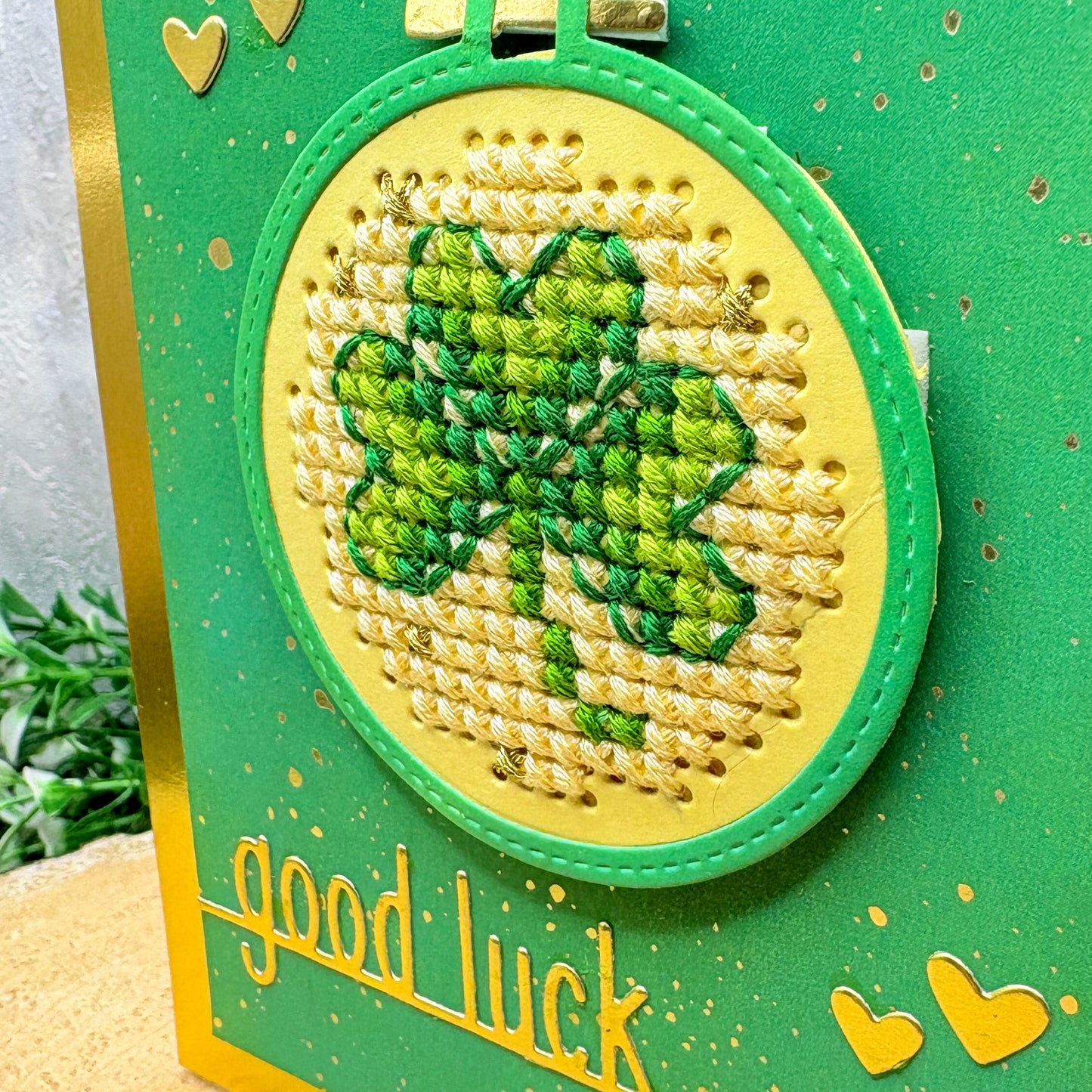 Cross Stitched Green Clover Handmade Good Luck Card
