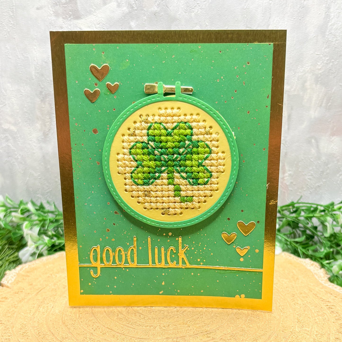 Cross Stitched Green Clover Handmade Good Luck Card