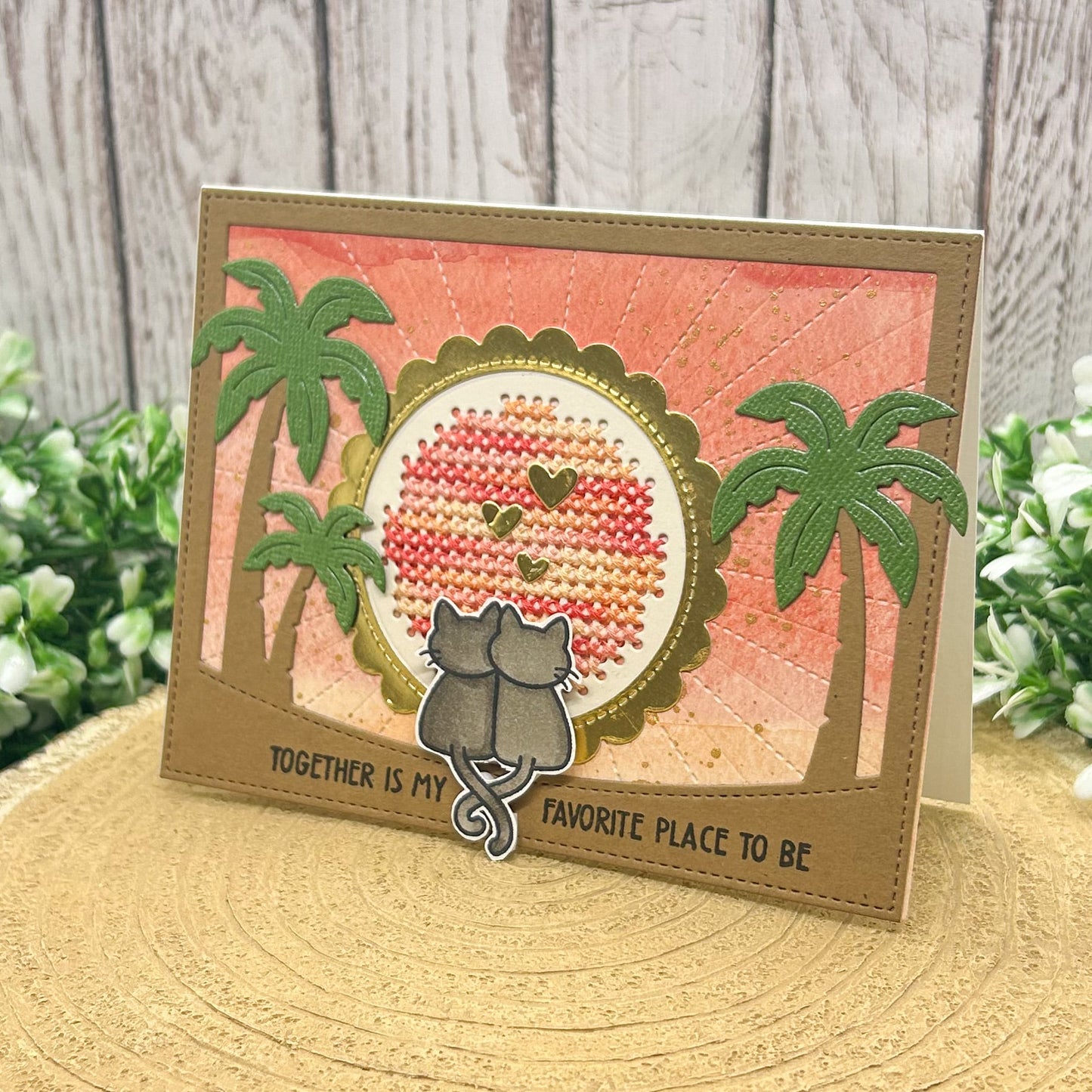 Cross Stitched Sunset Cat Themed Handmade Card