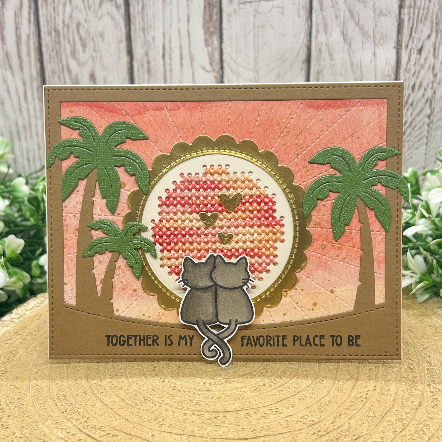 Cross Stitched Sunset Cat Themed Handmade Card