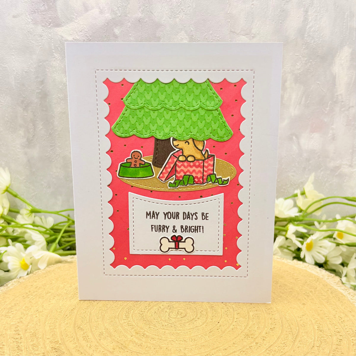 Dog Under Tree Handmade Christmas Card