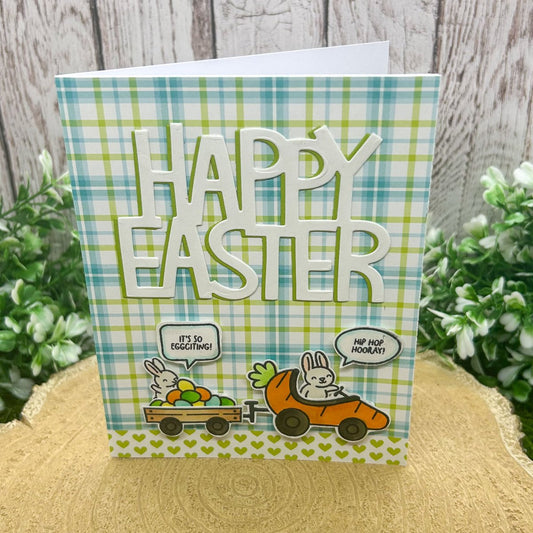 Easter Bunnies & Carrot Car Green Handmade Easter Card-1