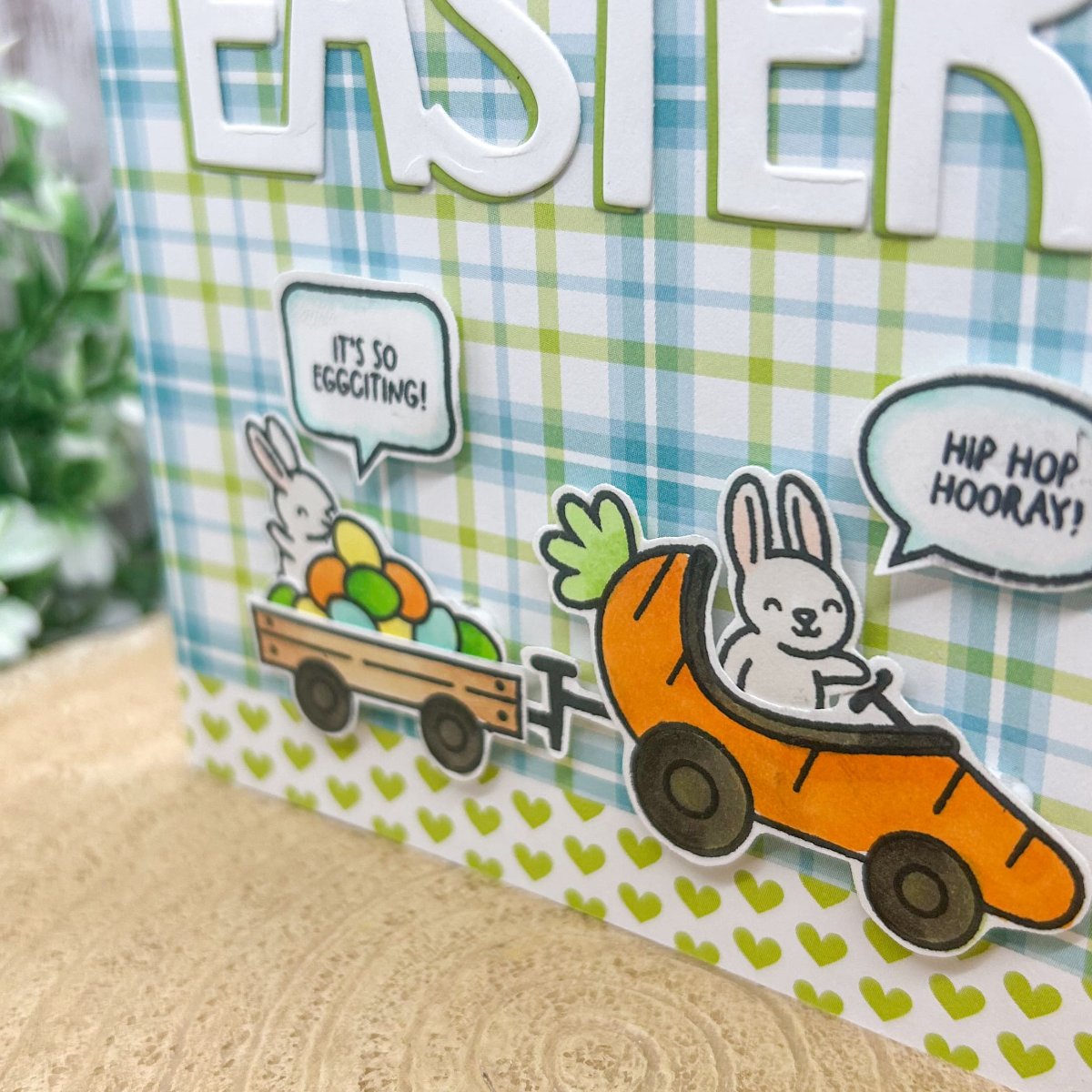 Easter Bunnies & Carrot Car Green Handmade Easter Card-2