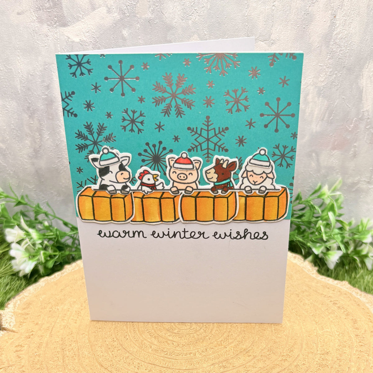 Farmyard Animals Winter Wishes Handmade Christmas Card-1