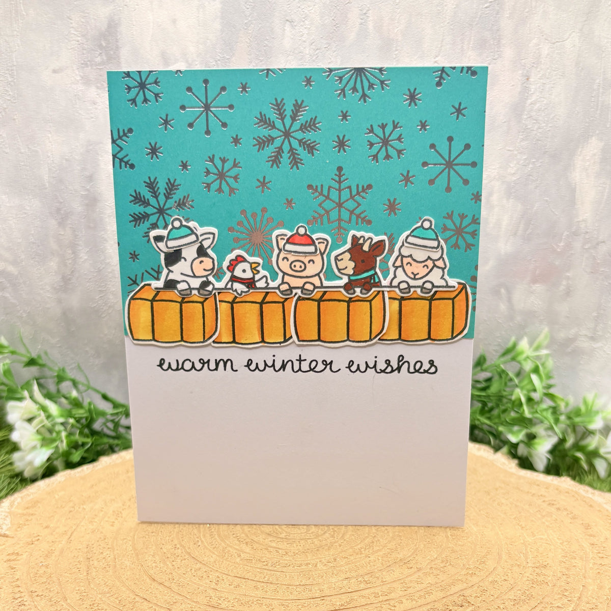 Farmyard Animals Winter Wishes Handmade Christmas Card