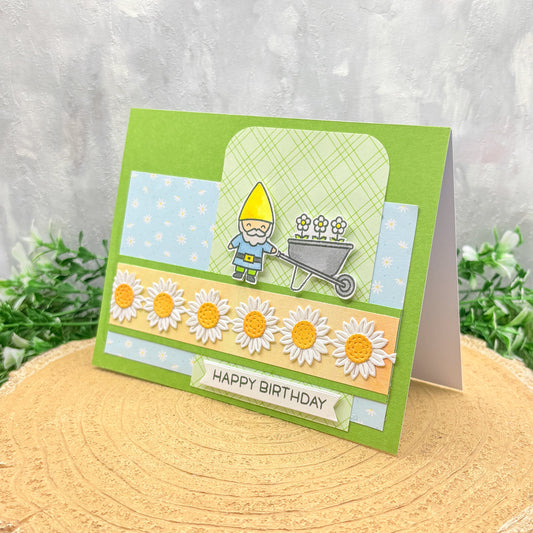 Gardening Gnome & Daisies Handmade Birthday Card-1