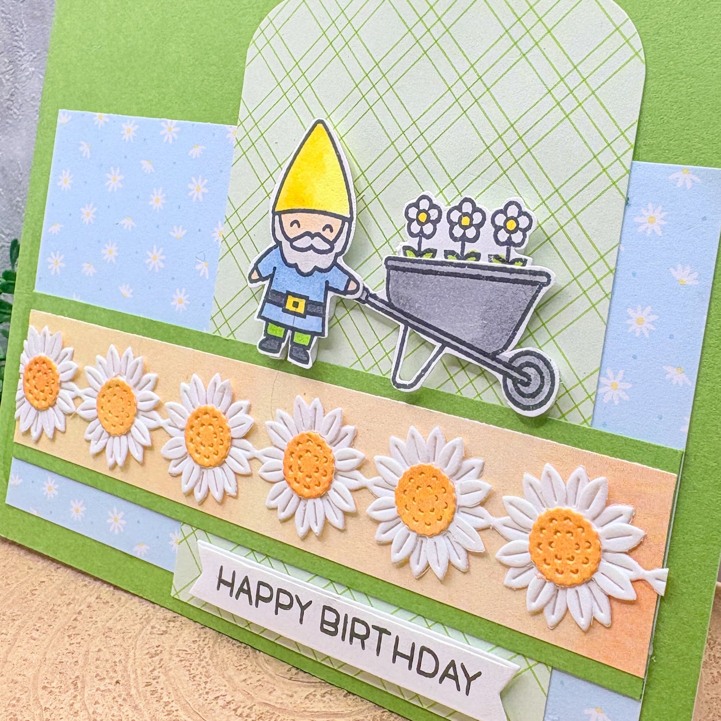 Gardening Gnome & Daisies Handmade Birthday Card-2