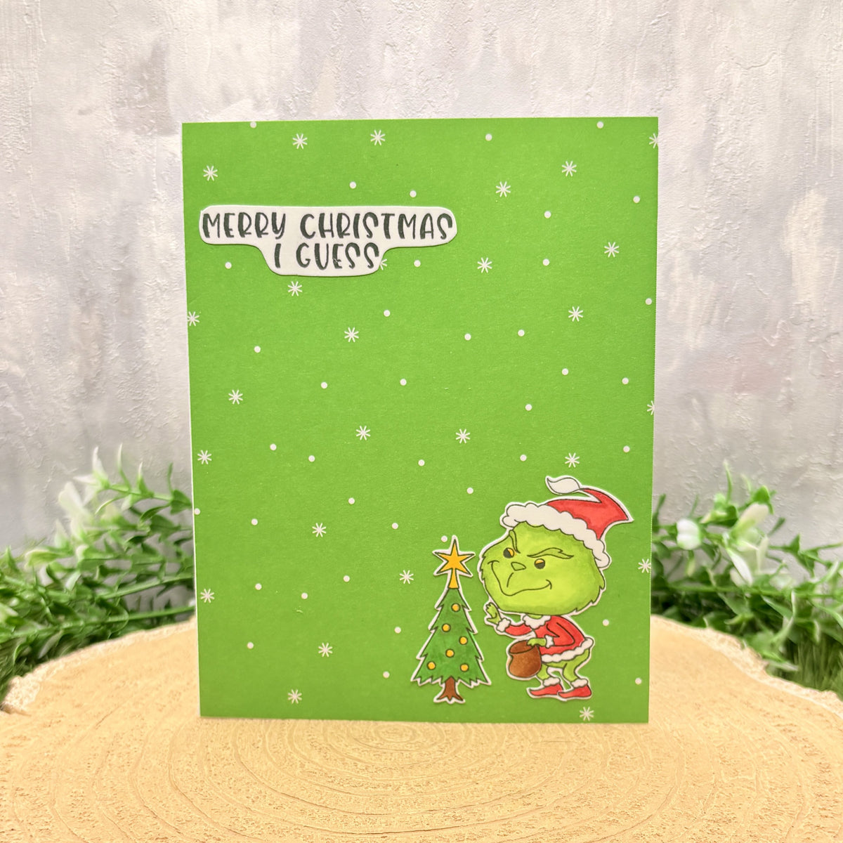 Green Grumpy Santa Handmade Character Christmas Card
