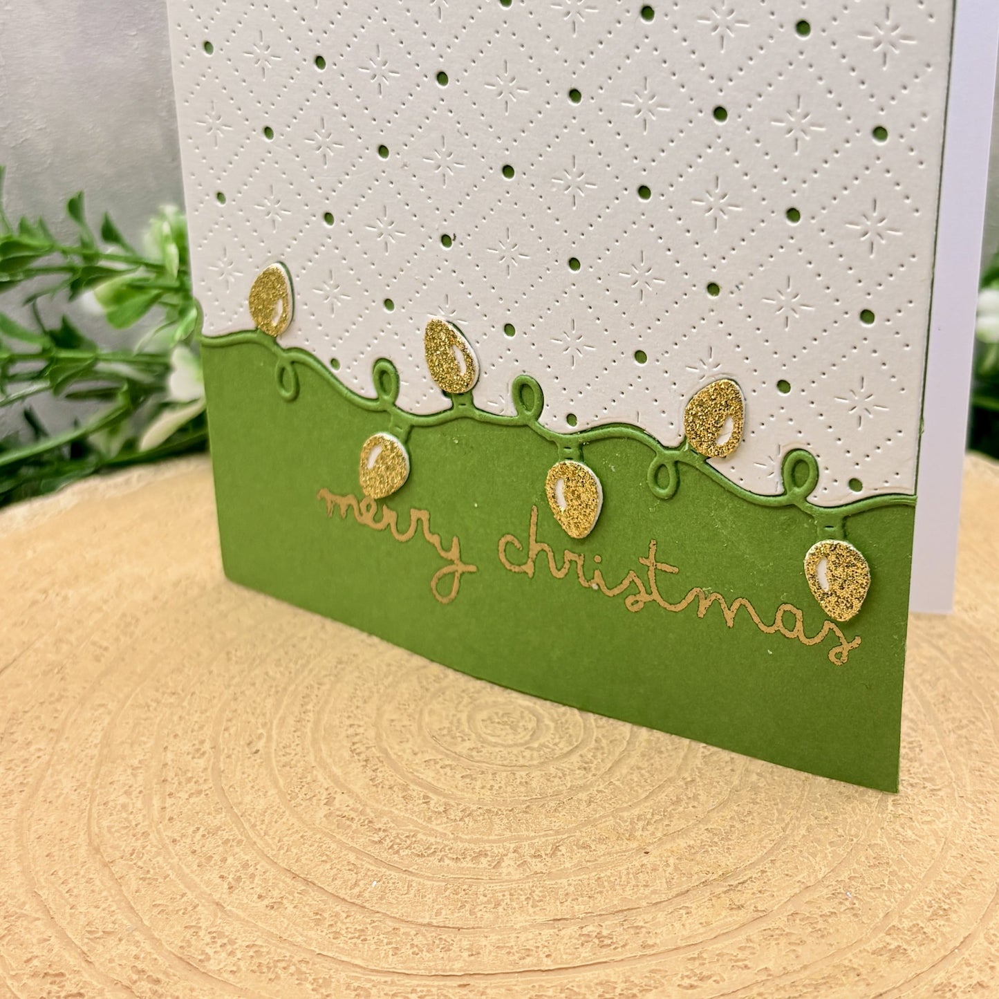 Green & Gold String Lights Handmade Christmas Card-2