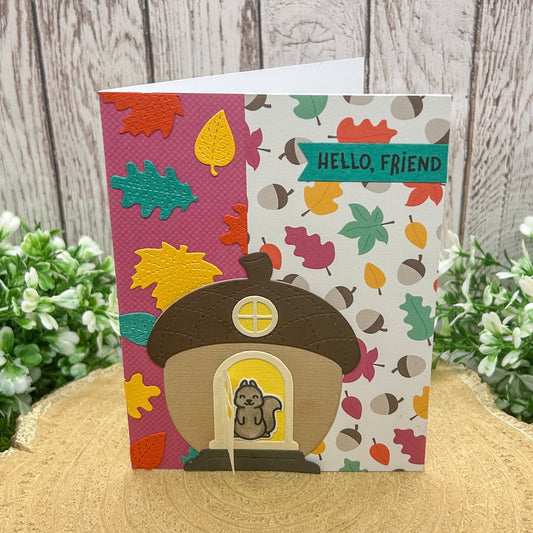 Hello Friend Squirrel Acorn House Handmade Card-1