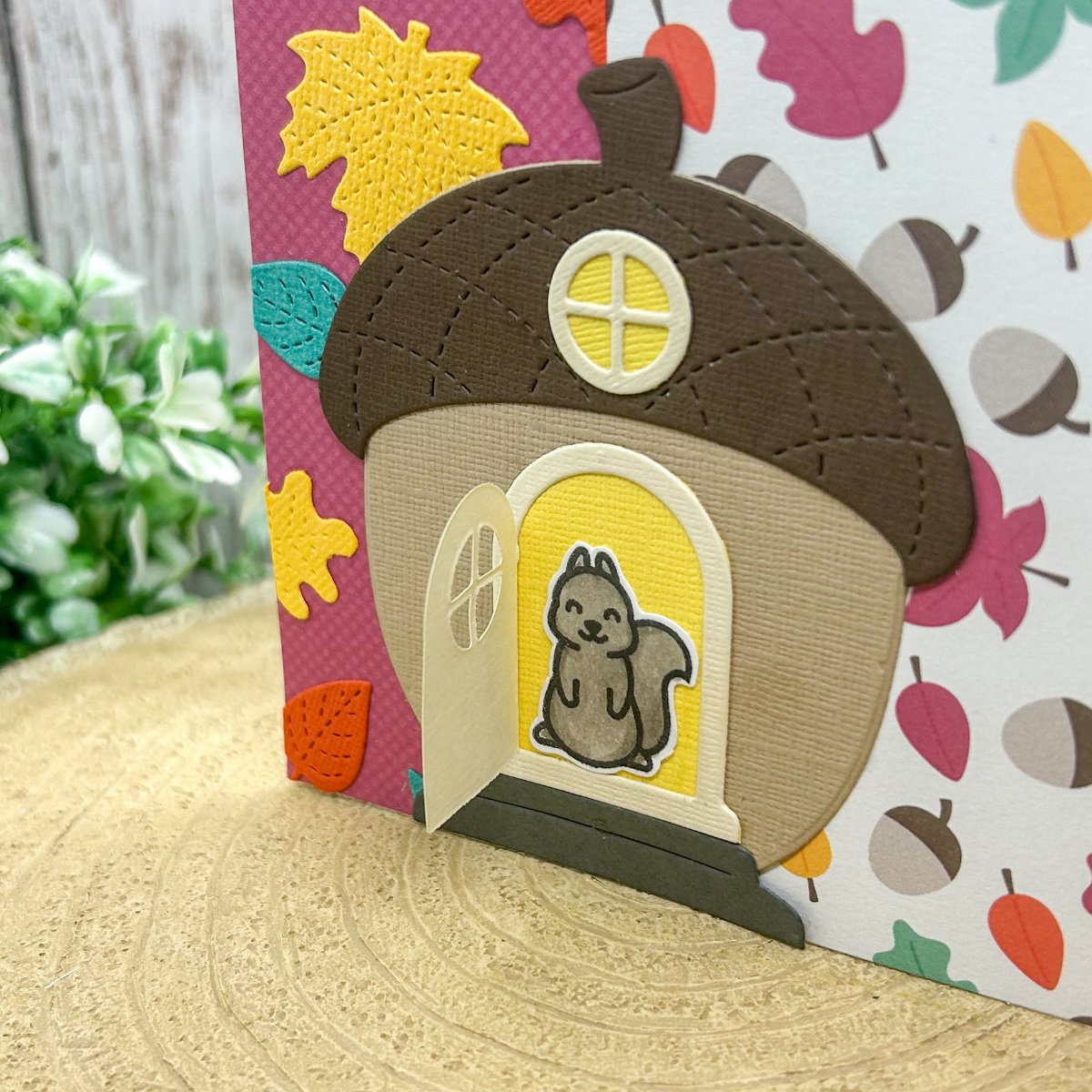 Hello Friend Squirrel Acorn House Handmade Card-2