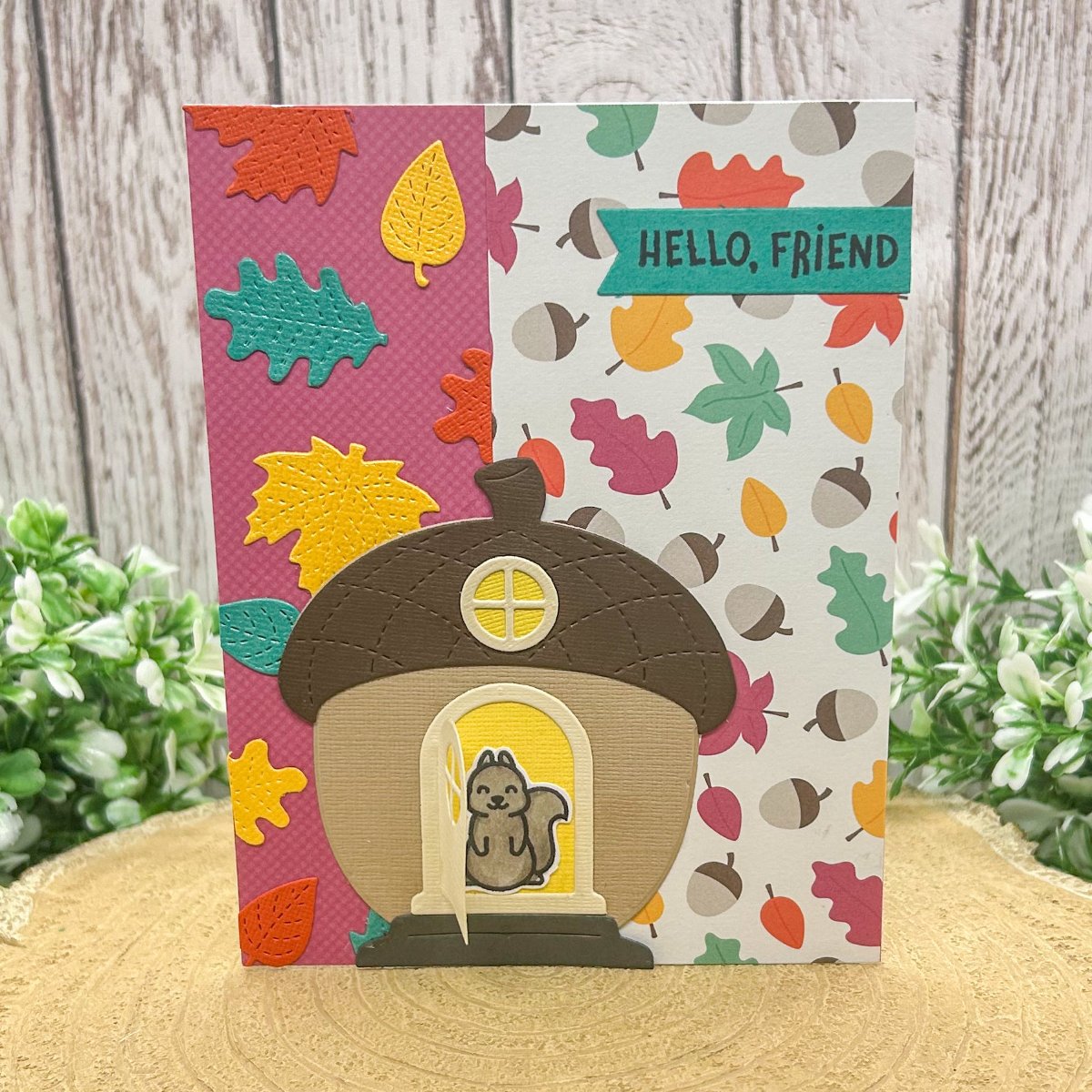 Hello Friend Squirrel Acorn House Handmade Card