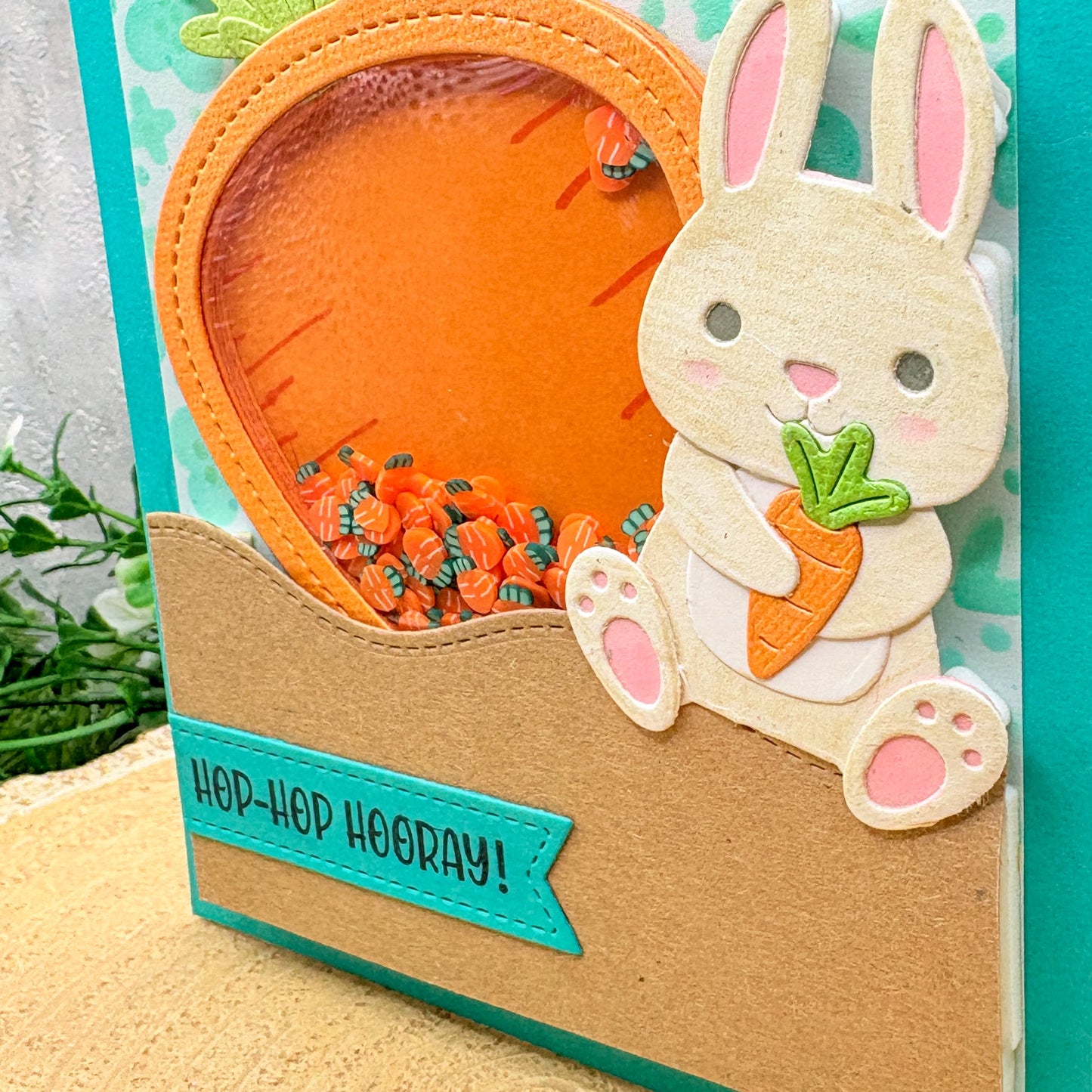 Hop Hop Hooray Bunny & Carrots Handmade Shaker Birthday Card-2