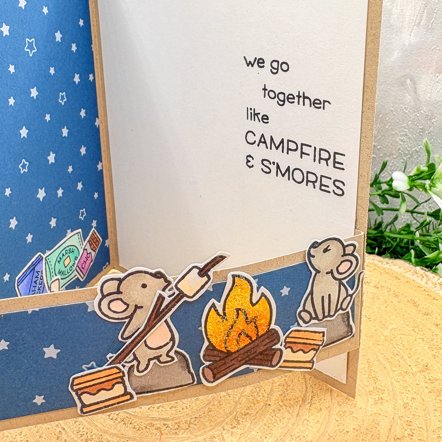 Card with cartoon bears roasting marshmallows over a campfire, text 'we go together like CAMPFIRE & S'MORES', blue star-patterned border.