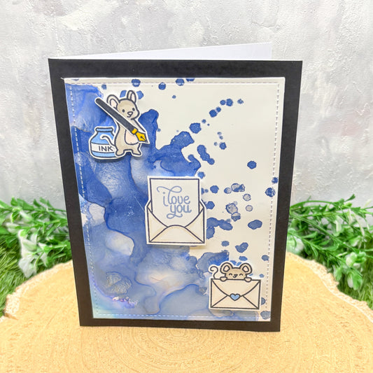 I Love You Blue Watercolour Mice Handmade Card-1