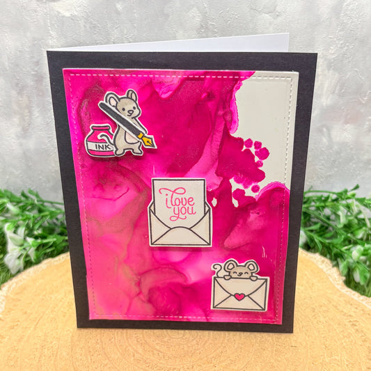 I Love You Pink Watercolour Mice Handmade Card-1