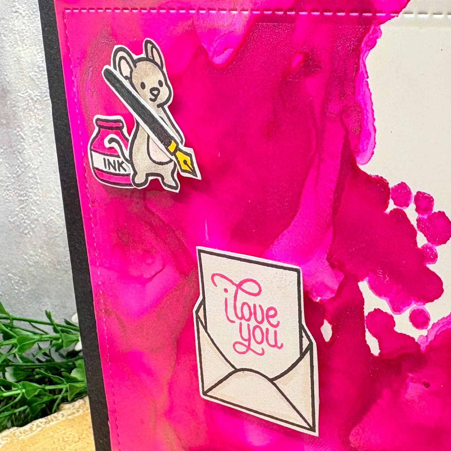 I Love You Pink Watercolour Mice Handmade Card-2