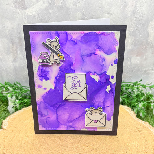 I Love You Purple Watercolour Mice Handmade Card-1