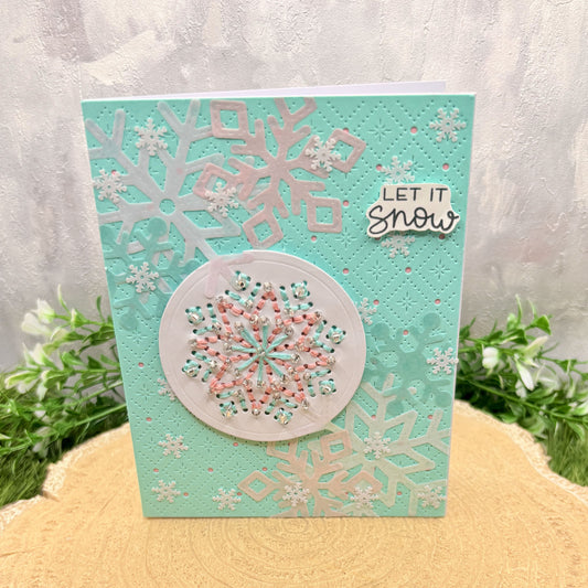 Let It Snow Teal Snowflake Cross Stitched Handmade Christmas Card-1