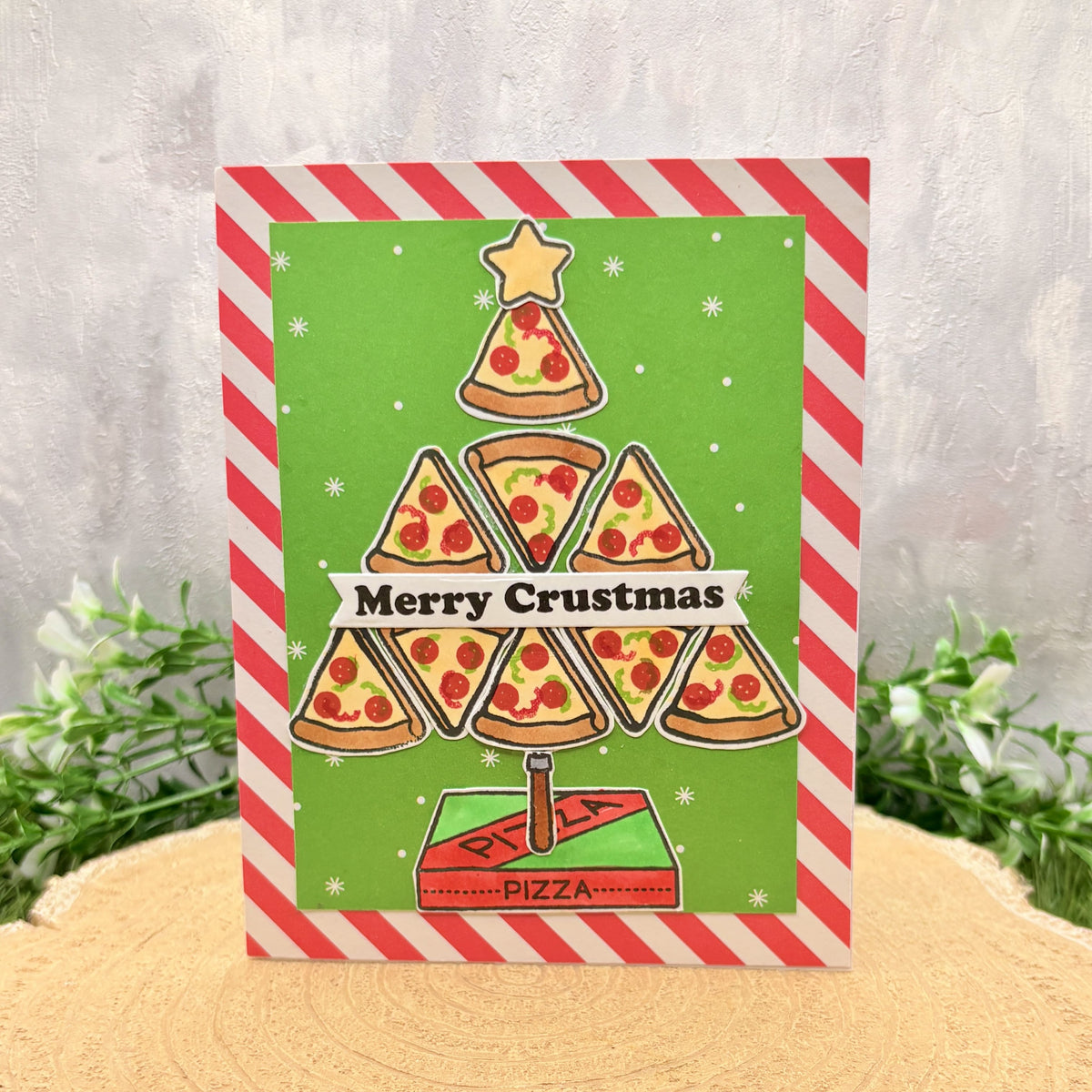 Merry Crustmas Pizza Tree Handmade Christmas Card