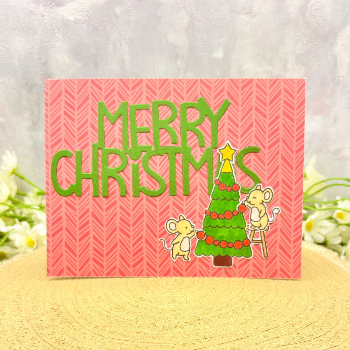 Mice Decorating Tree Handmade Christmas Card