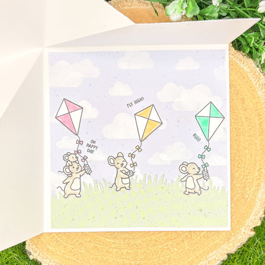 Mice Flying Kites Fold Out Handmade Birthday Card-1