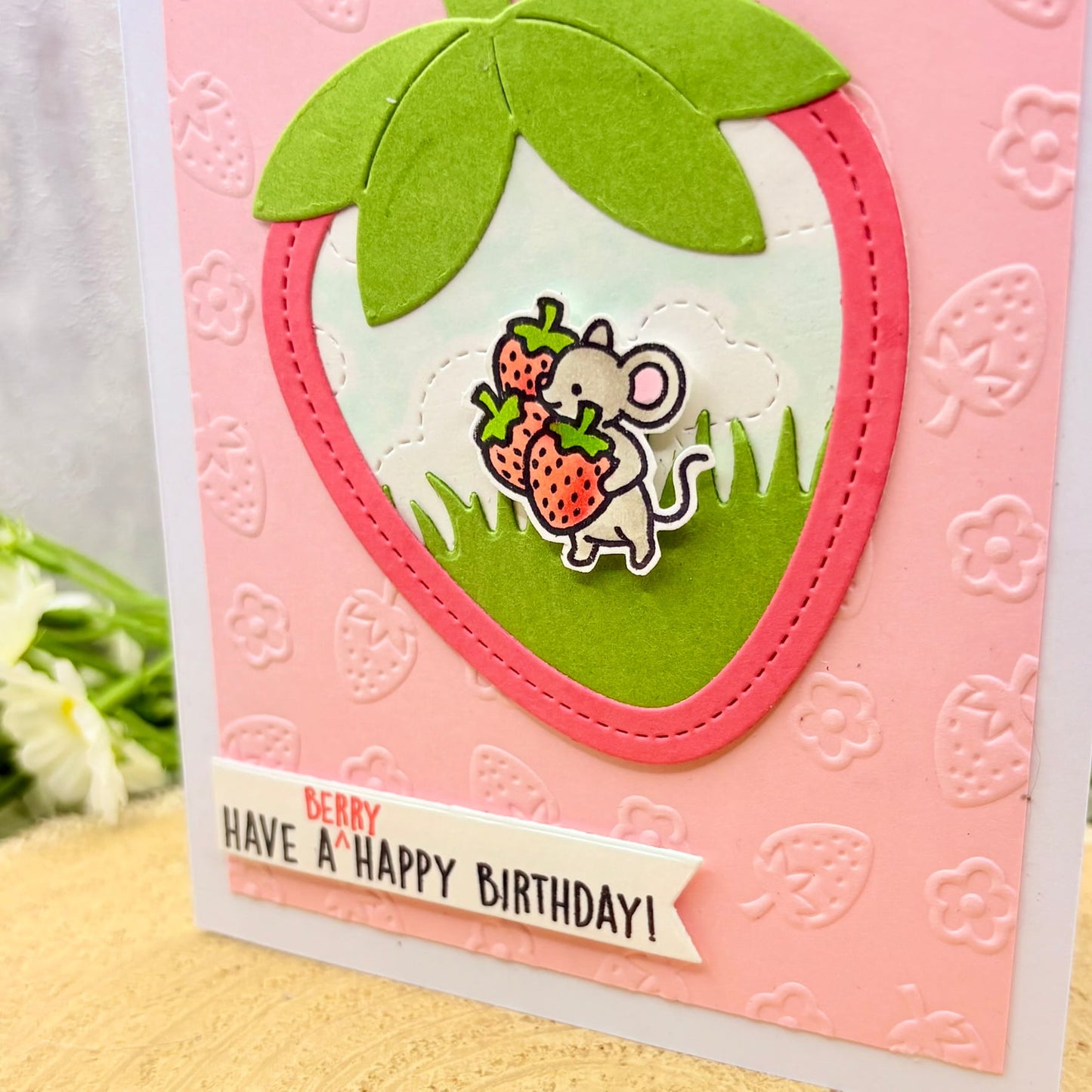 Mouse & Strawberries Handmade Birthday Card-2
