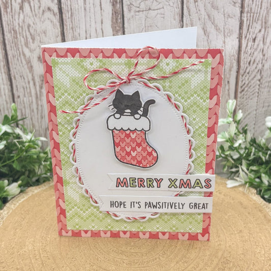 Pawsitively Great Cat In Stocking Handmade Christmas Card-1
