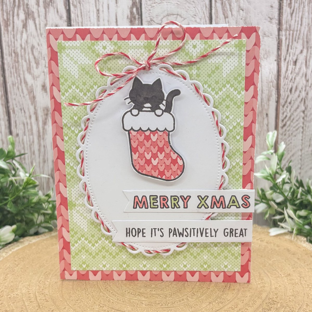 Pawsitively Great Cat In Stocking Handmade Christmas Card