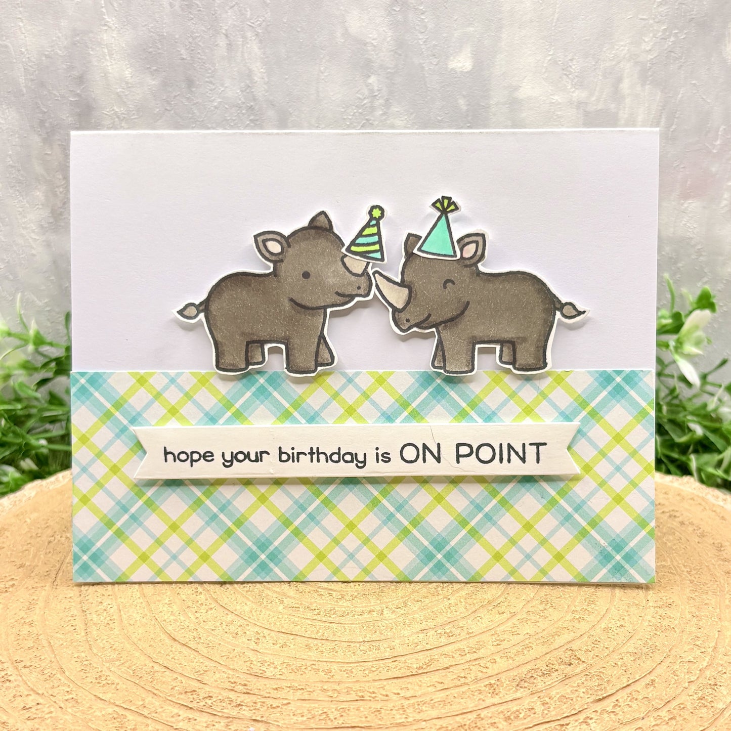 Birthday card with rhino illustrations and text 'hope your birthday is ON POINT' on a checkered background.