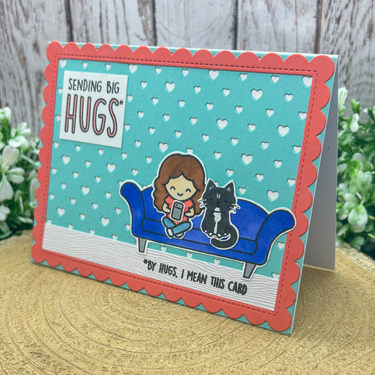 Sending Hugs Girl & Cat Handmade Card