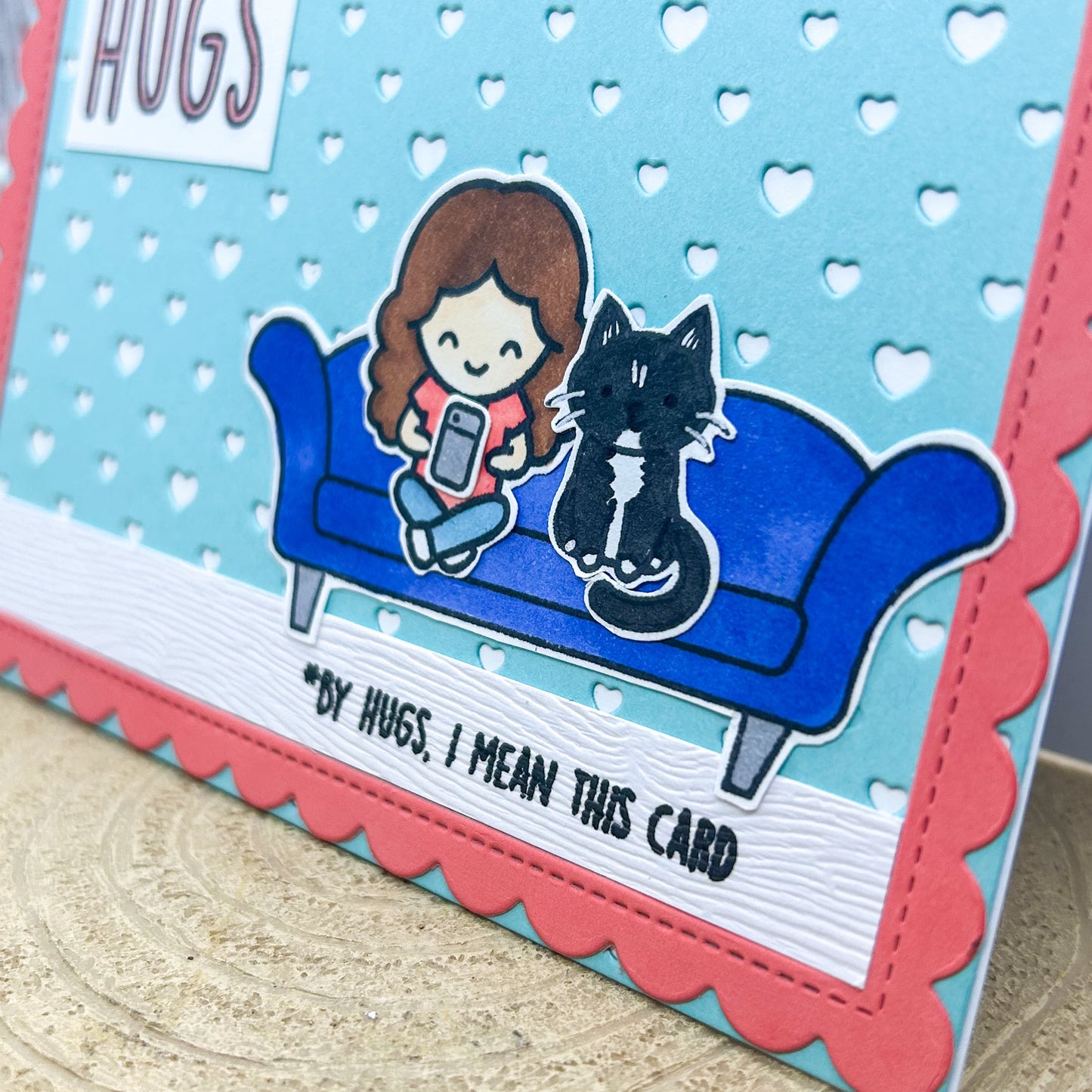 Sending Hugs Girl & Cat Handmade Card